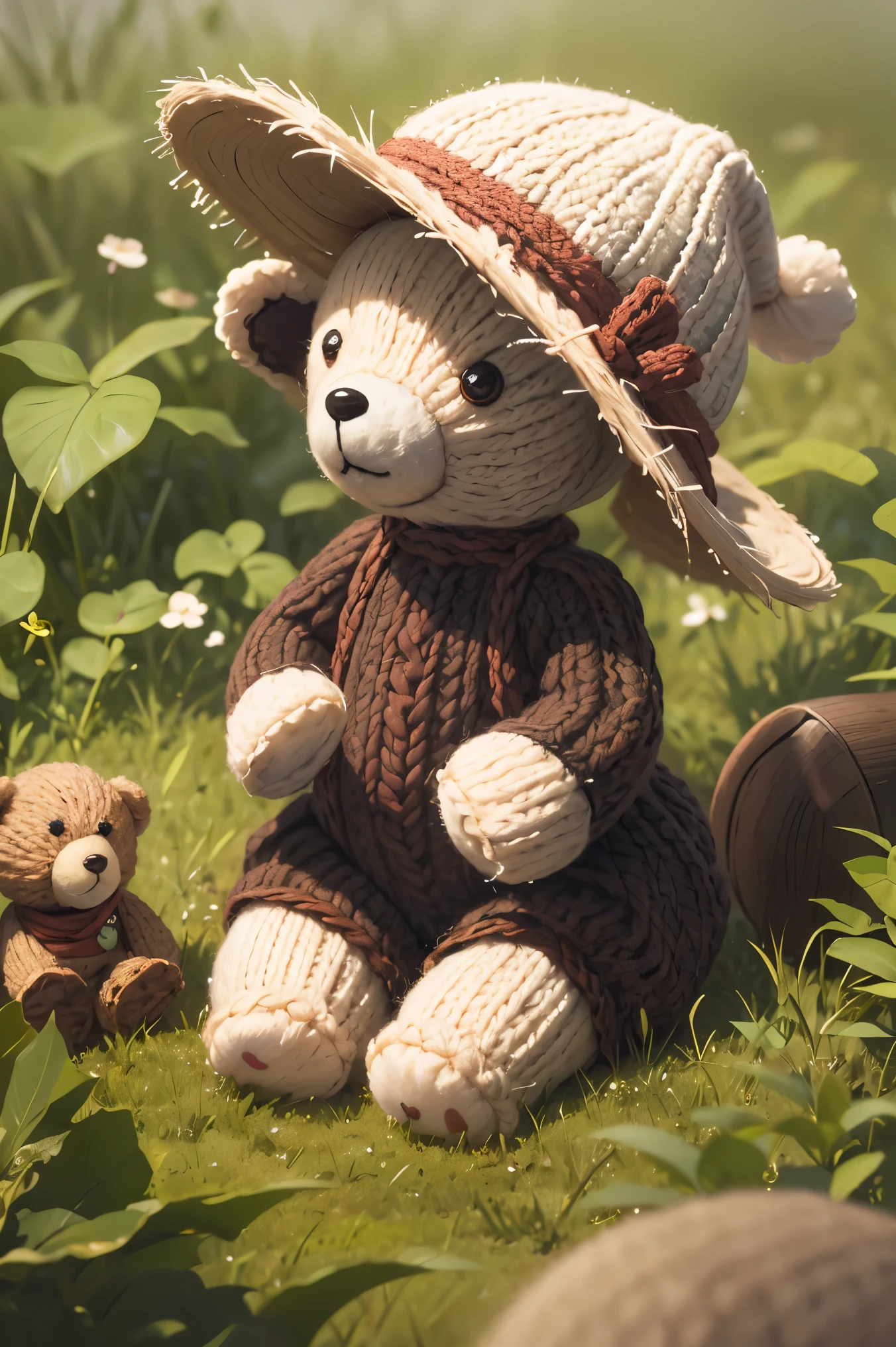 Knitted toy bear, small anthropomorphic animal, in a hat and antique clothes of the 17th century, macro photography in thick grass, dew drops reflecting the environment, super detailed toy, you can see every wool on the toy, you can see every shrvcik on the clothes, dragging all your things on itself, cute animal, cute toy,