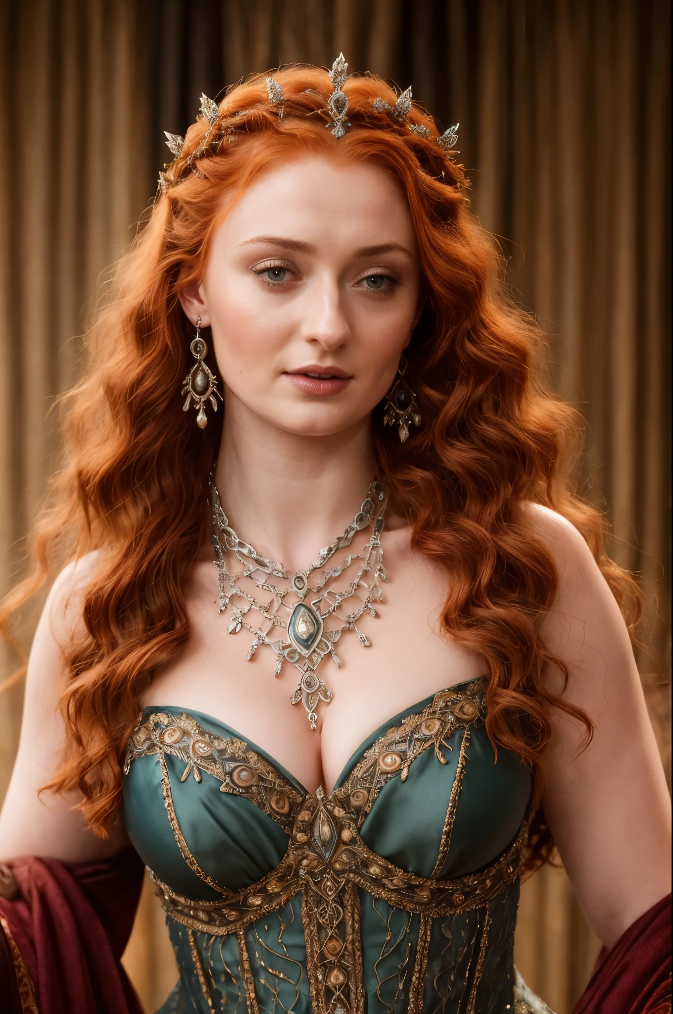 Face of Sophie Turner, Sansa Stark played by Sophie Turner, the de facto Lady of the Eyrie, is a 40-year-old mature queen with a stunning, alluring appearance. Full Face, pierced eyes, reddish lips, upper body shot, erotic Mediaeval costumes, game of thrones costumes, She wears a Game of Thrones-inspired costume and has a deep cleavage, a perfect thick body, and a perfect thick figure. The photograph captures her in a close-up, with her skin texture and facial features being ultra-realistic and realistic. Juicy thick figure, juicy lips, highly detailed armpits, armpits crease, high quality skin, Skin pores, amazing details, 