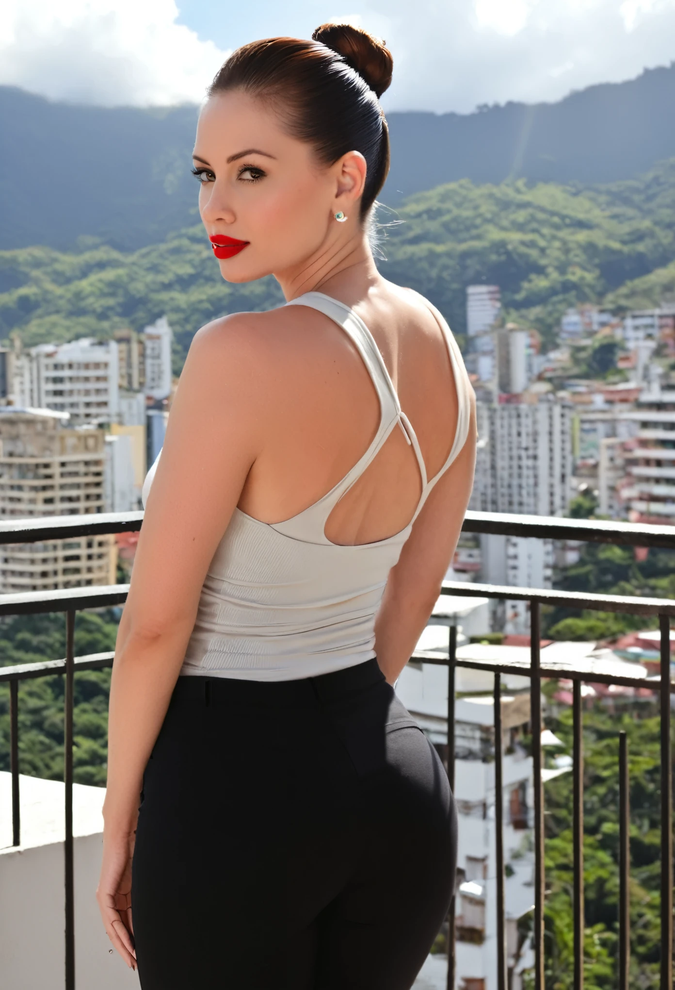 bright day light, beautiful slim pale buxom venezuelan woman, aged 30,very sexy , hair in chignon , lipstick, tight tank top, black trousers, serious look ,beautiful woman, amazing stunningly beautiful, most beautiful women ever, standing on balcony of elegant apartment, view of caracas, better photography,