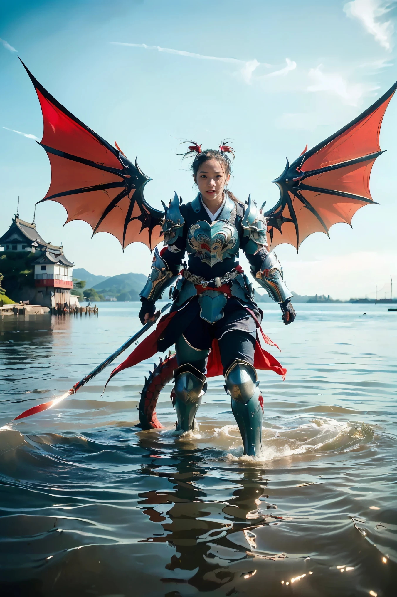 (((Realistic, masterpiece, best quality, crisp detail, high definition, high detail, very rich detail, sharp focus, sharp detail, colorful, rich color, perfect studio lightning))), ((20 years old, beautiful goddes of water, floating, aqua color hair)),(((in the middle of war, epic war scene, attack stance))), wearing (((beautiful decorated aquatic heavy armor, water dragon armor, decorated full body armor, fully armored beautiful kimono, wide water diabolos wings))), (holding giant blade), (((blood everywhere, death everywhere, japan bakumatsu period, dead bodies,carcass, drowned japanese castle, catastrophic tsunami, flood, three headed water dragon)) traditional village background), heavy rain,
