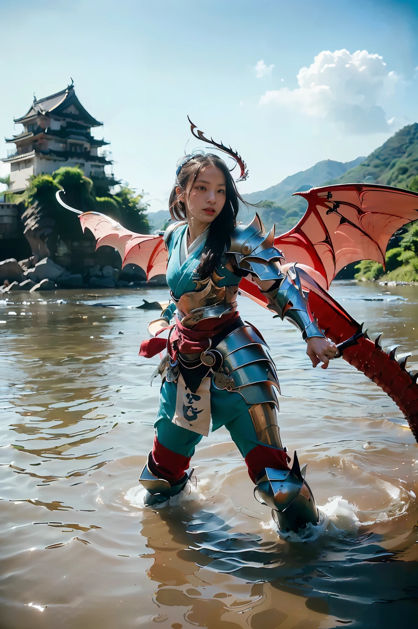 (((Realistic, masterpiece, best quality, crisp detail, high definition, high detail, very rich detail, sharp focus, sharp detail, colorful, rich color, perfect studio lightning))), ((20 years old, beautiful goddes of water, floating, aqua color hair)),(((in the middle of war, epic war scene, attack stance))), wearing (((beautiful decorated aquatic heavy armor, water dragon armor, decorated full body armor, fully armored beautiful kimono, wide water diabolos wings))), (holding giant blade), (((blood everywhere, death everywhere, japan bakumatsu period, dead bodies,carcass, drowned japanese castle, catastrophic tsunami, flood, three headed water dragon)) traditional village background), heavy rain,