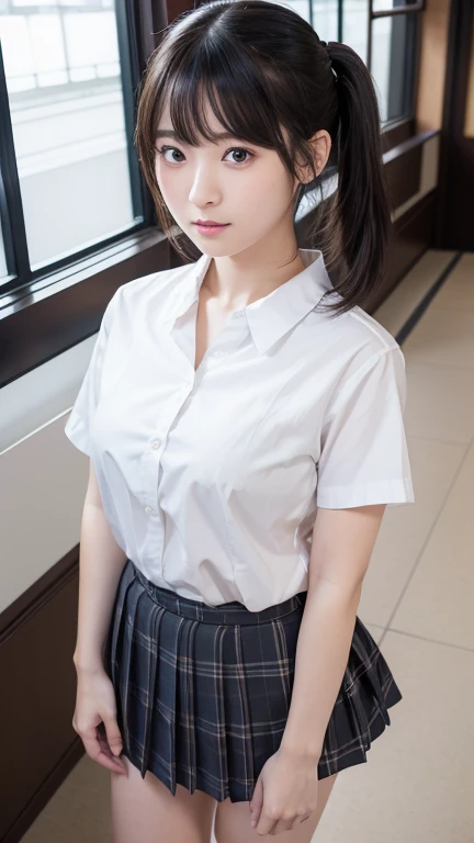 8K、Detailed Description、Very high definition、Realistic、reality的、Real、live-action、reality、High resolution、Nogizaka46、japanese idol,beautiful girl、21 years old、Top view、Mouth closed、ponytail、Knee-up-top angle of view、Japan Railway Station、school uniform、Short sleeve shirt、Beige plaid skirt、半袖の高校の、Very black hair、pretty girl、Beauty、Glowing Skin、Glowing Skin、Shiny Hair、Very white skin、Heavy makeup、Large Breasts、Slit eyes、Big Eyes、Double eyelids、Don't show your teeth、Looking up、Bend over and look down here、smile、Carry a backpack