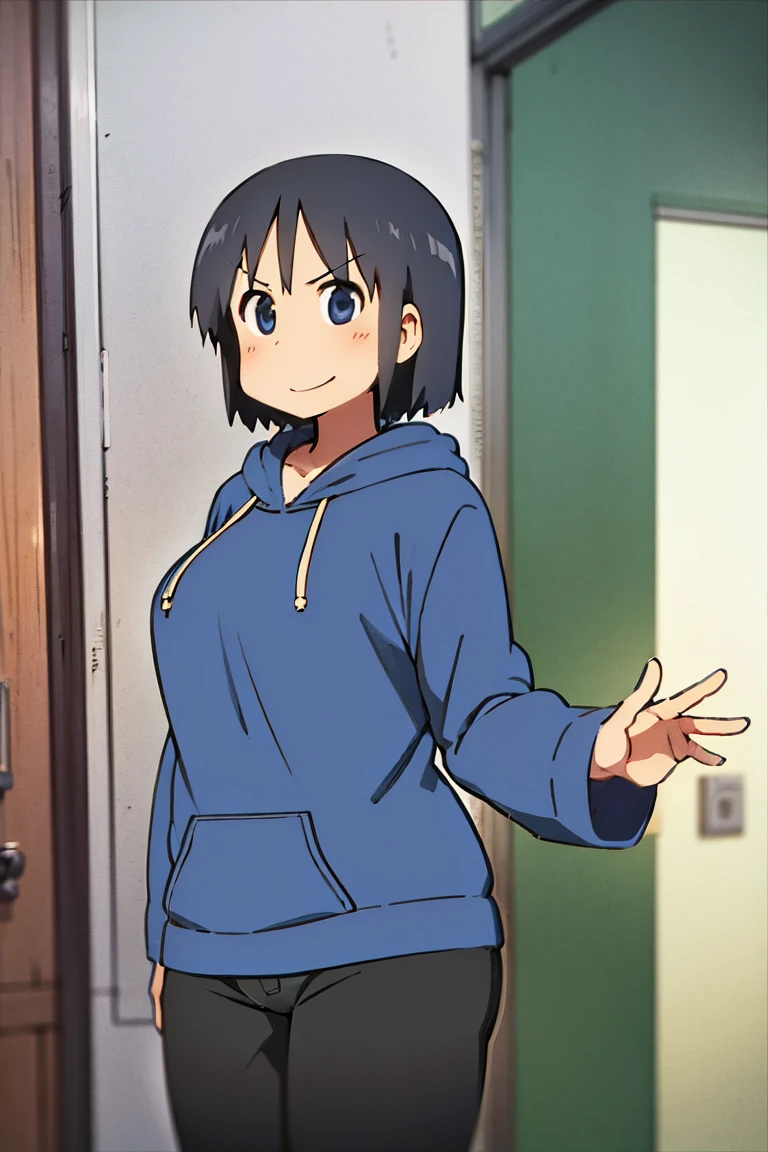 Kyoto animation, female, short hair, middle parted hairstyle, black hair, dark blue eye, cute face, thick eyebrows, big breast, sexy butt, slim body, sexy thigs, dark blue and white hoodie, short pants above thigs, brave smile, 90s style,