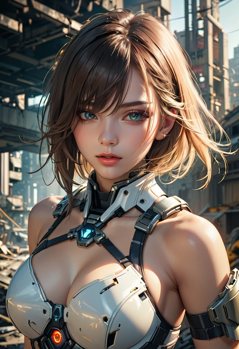 In a destroyed city of the future、Medium shot photo of a sexy female cyborg in damaged and discoloured futuristic armour, Fantasy, Science fiction, Beautiful woman face, Fascinating, Sexual, haze, Vivid and Fascinating Eyes, dramatic, Top quality masterpiece, Realistic, detailed, 8k, High resolution, Shallow depth of field, Cinema Lighting, bloom, The light shines, chromatic aberration, Sharp focus