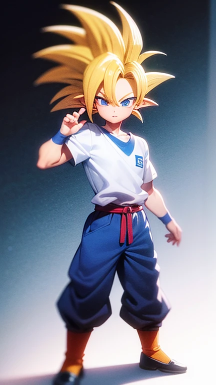 Videu de dragon ball, trasfomanda em super sayajen ,com roupa estilo maloqueira,none in the head, cabelo longo, peito grande corpo natural bunda grande detalhada roupa maloqueira ultra realista,camisa grande ate o joelho, calca de skatista sapato de skatista azul, brinco na orelha, boca pequena nariz medio, pose de maloqueira gangsts,fundo neon azul