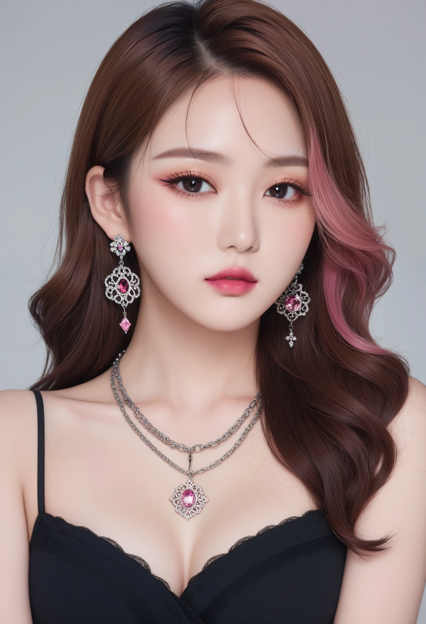 Canon RF85mm f/1.2,best quality,portrait,1 girl,(korean mixed,kpop idol:1.2),(long_brown_wavy_hair),(lipstick,pink lips,pink_shiny_lips,pinkeyeshadow,eyelashes,powder blusher,make-up),white_shiny_skin,black eyes,necklace,earrings,shiny,Pore,skin texture,bracelet,big breasts,grey background,