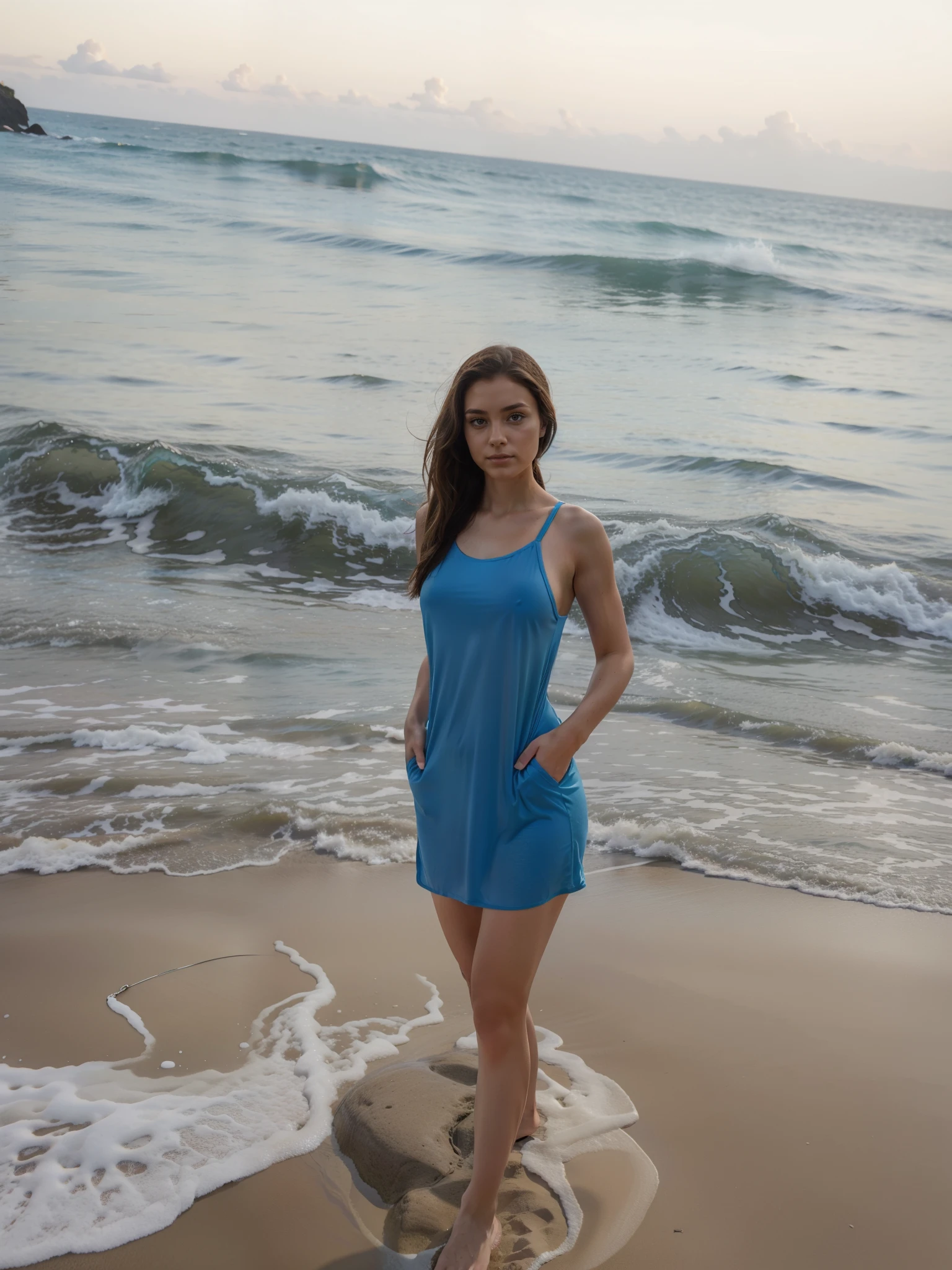 Good Photo Quality,Young woman,A slim body,not big firm breasts,wide hips,rounded butt, Lightweight clothing,semi transparent tunic.