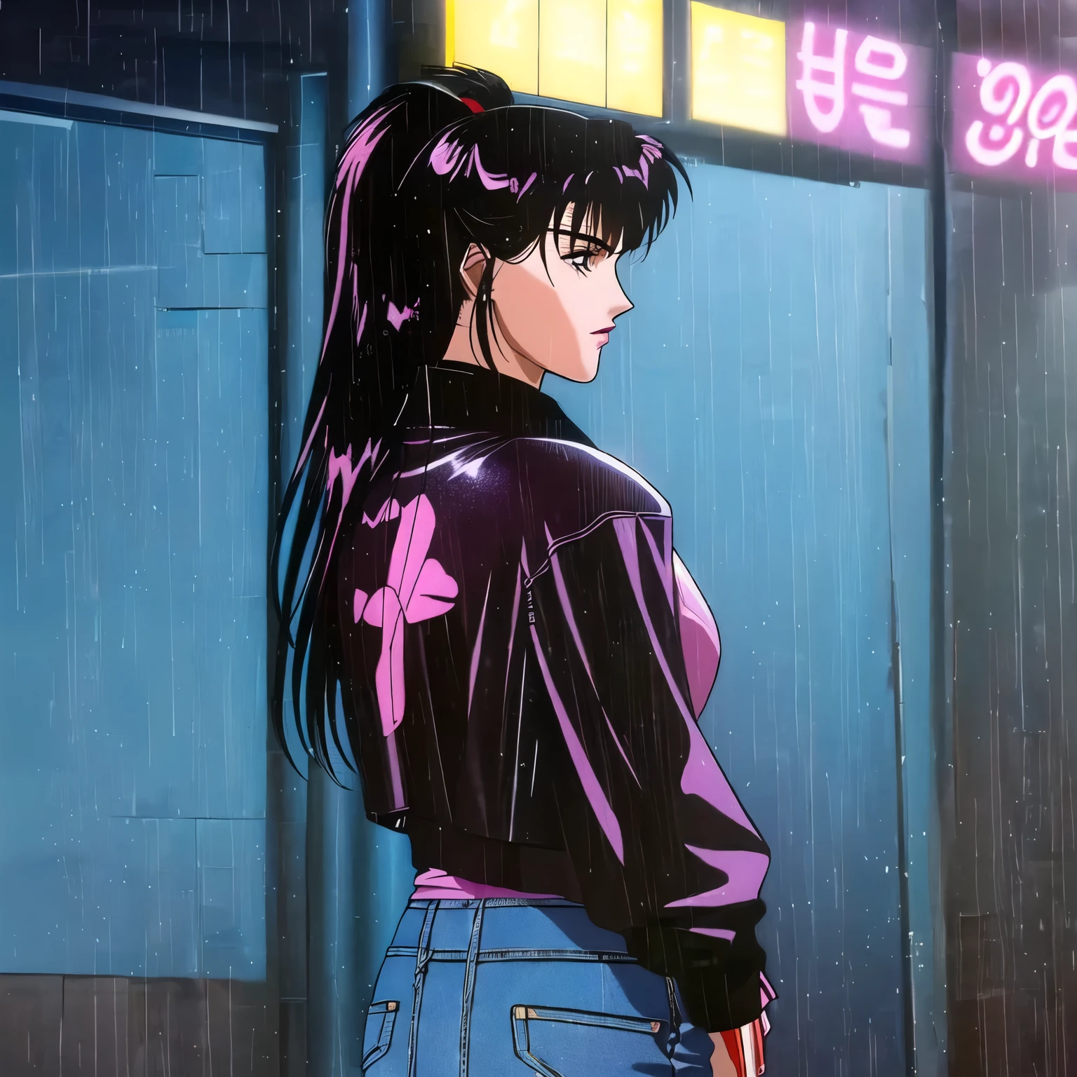 1990s-style photo of a young South Korean female biker gang member, she is wearing a leather jacket with a pink logo and blue jeans, side view, standing in the rain