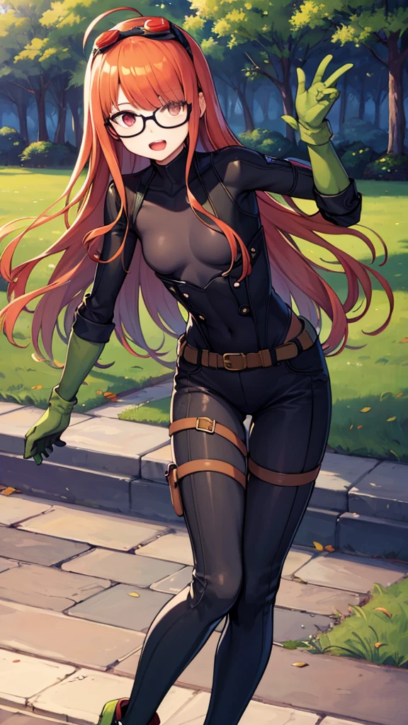 masterpiece, best quality, highres, kirijoarena, hair over one eye, fur coat, bodysuit, belt, futabasakura, blunt bangs, glasses, black-framed eyewear, ahoge, small breasts, bodysuit, black bodysuit, gloves, gloves with green fingertips, green boots, goggles, goggles on head, belt, happy, open mouth, cowboy shot, outdoors, forest