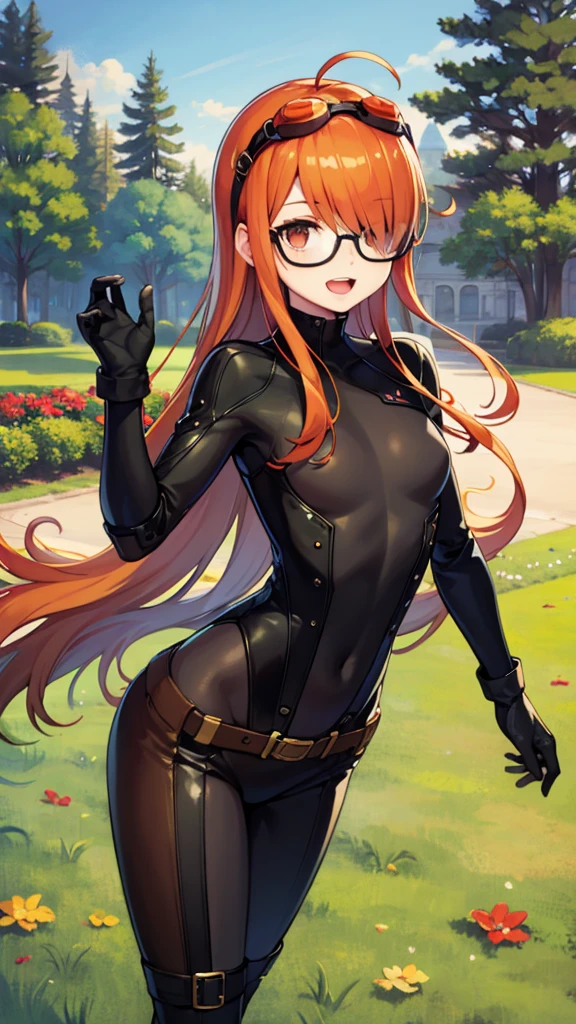 masterpiece, best quality, highres, kirijoarena, hair over one eye, fur coat, bodysuit, belt, futabasakura, blunt bangs, glasses, black-framed eyewear, ahoge, small breasts, bodysuit, black bodysuit, gloves, gloves with green fingertips, green boots, goggles, goggles on head, belt, happy, open mouth, cowboy shot, outdoors, forest