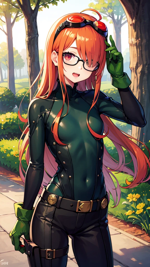 masterpiece, best quality, highres, kirijoarena, hair over one eye, fur coat, bodysuit, belt, futabasakura, blunt bangs, glasses, black-framed eyewear, ahoge, small breasts, bodysuit, black bodysuit, gloves, gloves with green fingertips, green boots, goggles, goggles on head, belt, happy, open mouth, cowboy shot, outdoors, forest