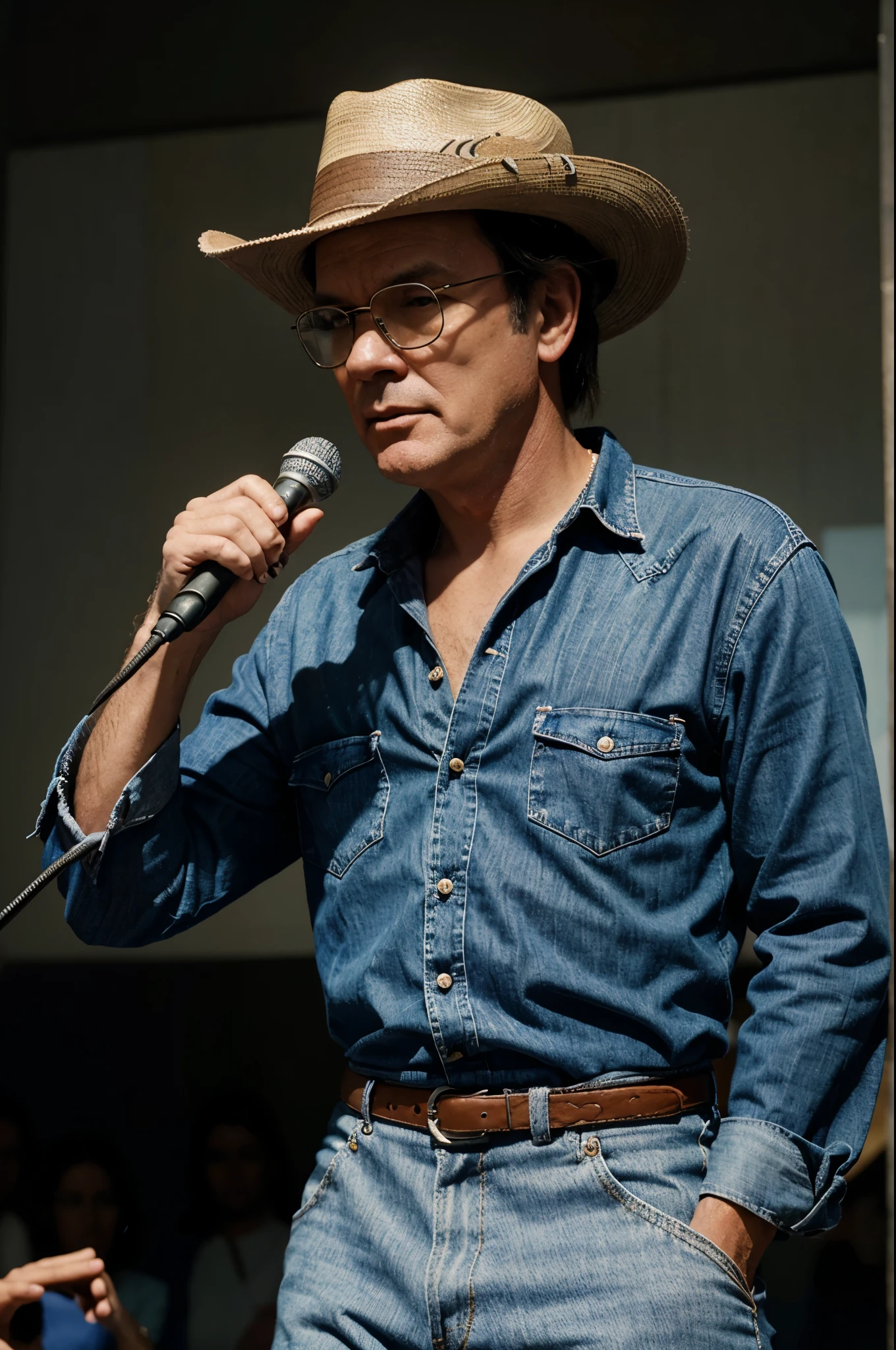 there is a man with a hat and glasses holding a microphone, uma captura de tela inspirada em Jean Giraud, reddit, arte digital, estilo jean giraud, Sou um Jean Giraud, vaqueiro, the vaqueiro in the weird west, giraud!!, giraud!, fedora, jean giraud 8k, John, Jim Cornette, sentado na frente de um microfone, com luz neon verde e azul no fundo