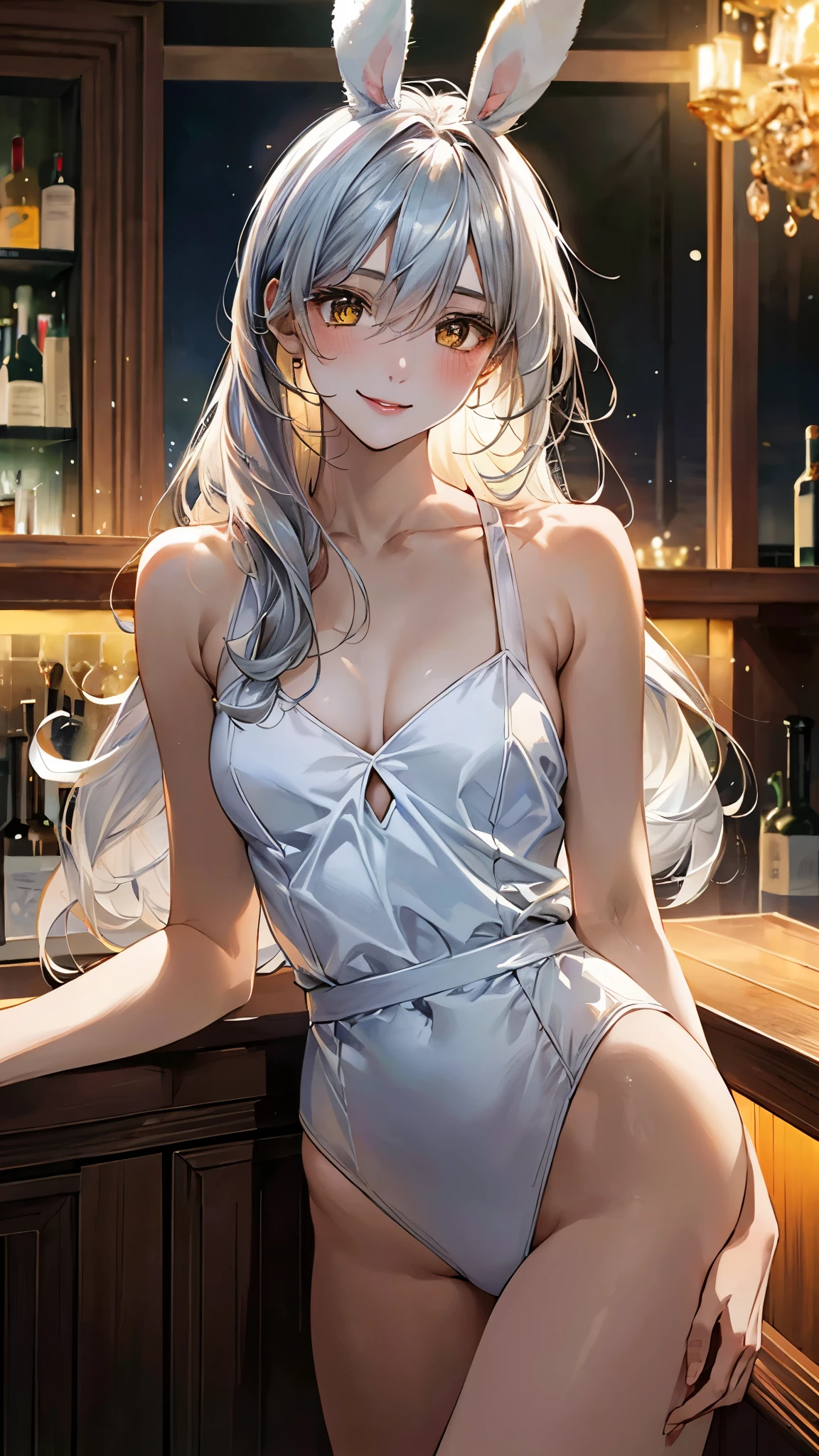 (masterpiece:1.3, top-quality, ultra high res, ultra detailed), (realistic, photorealistic:1.4), beautiful illustration, perfect lighting, natural lighting, colorful, depth of fields, , 
beautiful detailed hair, beautiful detailed face, beautiful detailed eyes, beautiful clavicle, beautiful body, beautiful chest, beautiful thigh, beautiful legs, beautiful fingers, shiny skin, 
looking at viewer, upper body, (front view), 1 girl, 15 years old, (perfect anatomy, anatomically correct, super detailed skin), cute and symmetrical face, babyface, perfect face, perfect eyes, 
(long hair, straight hair, white hair), hair between eyes, yellow eyes, long eyelashes, (medium breasts, wide hips, seductive thighs), 
(white playboy bunny girl), high-cut leotards, pink bow tie, white cuffs, white rabbit ears, the tail of a rabbit grows out of the ass, have a tray of liquor, bottomless, 
(beautiful scenery), day time, (bar counter, shop front:1.4), (lovely smile, upper eyes), 