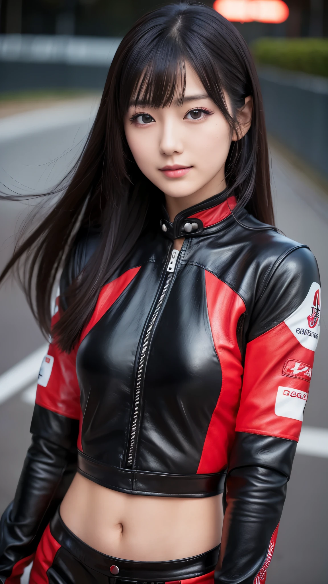 japanese girl, 20 years old, dark makeup, detailed face, long hair, black hair, beautiful eyes, realistic, face close up, laugh, sexy pose, (leather black&red racing suit), long sleeves, leather racing gloves, 8K, cinematic, sexy woman, circuitry