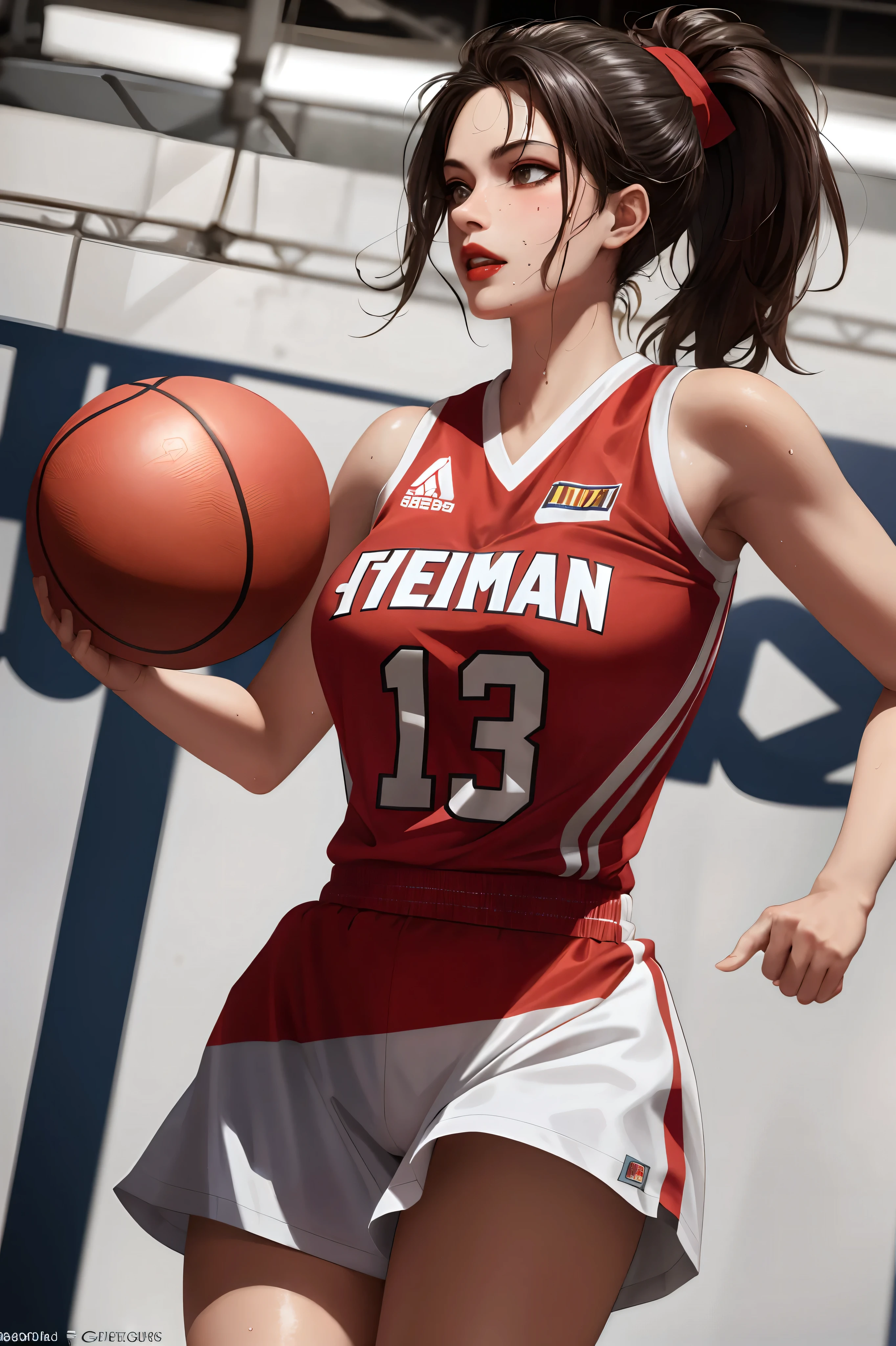 Masterpiece: 1.2, best quality), realistic, (real picture, rich details details, depth of field), (1girl, solo), makeup, cleft lip, high detail, perfect face shape, (big breasts: 1.4), (skindentation ), thick Thighs, wide hips, thin waist, tall, coral, red lips, red eyes, ponytail (girl playing basketball, red basketball uniform), (sweat: 1.2), (wet), sexy, blush,