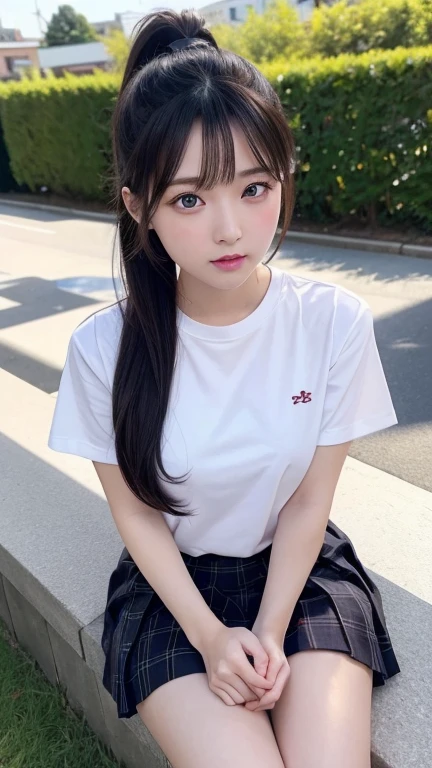 8K、Detailed Description、Very high definition、Realistic、reality的、Real、live-action、reality、High resolution、Nogizaka46、japanese idol,beautiful girl、21 years old、Top view、Mouth closed、ponytail、Knee-up-top angle of view、School、School bag、Short sleeve shirt、Beige plaid skirt、Very black hair、pretty girl、Beauty、Glowing Skin、Glowing Skin、Shiny Hair、Very white skin、Heavy makeup、Large Breasts、Slit eyes、Big Eyes、Double eyelids、Don't show your teeth、Looking up、Bend over and look down here、smile、