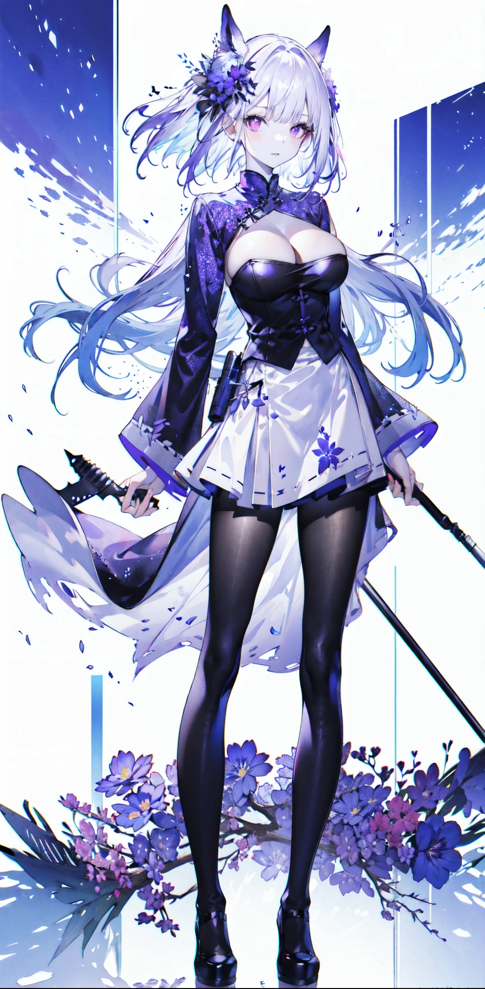 ((masterpiece:1.4,best quality)),(Super detailed),(Extremely detailed eyes),(black leggings,Shiny socks:1.5),Hello Darkness ((Sexy Girl,Large Breasts)),(Blood-red pupils,Diamond-shaped pupil:1.15),Purple Eyeshadow,(elongated hair,Thick hair,shiny hair:1.5)(By changing:1.2),White skin,tilt head to one side,kneel (She wears blue armor,Tight cheongsam,:1.5),Very long plush sleeves,White,White Cloud,Dream bubbles ,Ice and glitter effects (Black long skirt:1.1), (dawn:1.2), (Intense black and white:1.16),(Depth of Field:1.4),,Intricate details,(Castle in the Sky,Standing by the lake,Purple flowers by the lake)