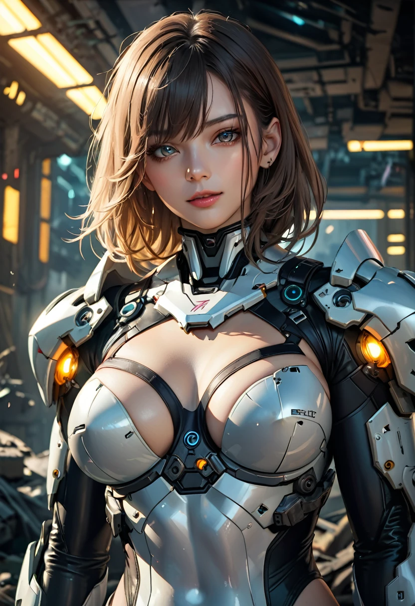 In a destroyed city of the future、Medium shot photo of a sexy female cyborg in damaged and discoloured futuristic armour, Fantasy, Science fiction, Beautiful woman face, Fascinating, Sexual, haze, Vivid and Fascinating Eyes, dramatic, Top quality masterpiece, Realistic, detailed, 8k, High resolution, Shallow depth of field, Cinema Lighting, bloom, The light shines, chromatic aberration, Sharp focus, full body, smile, sexy.