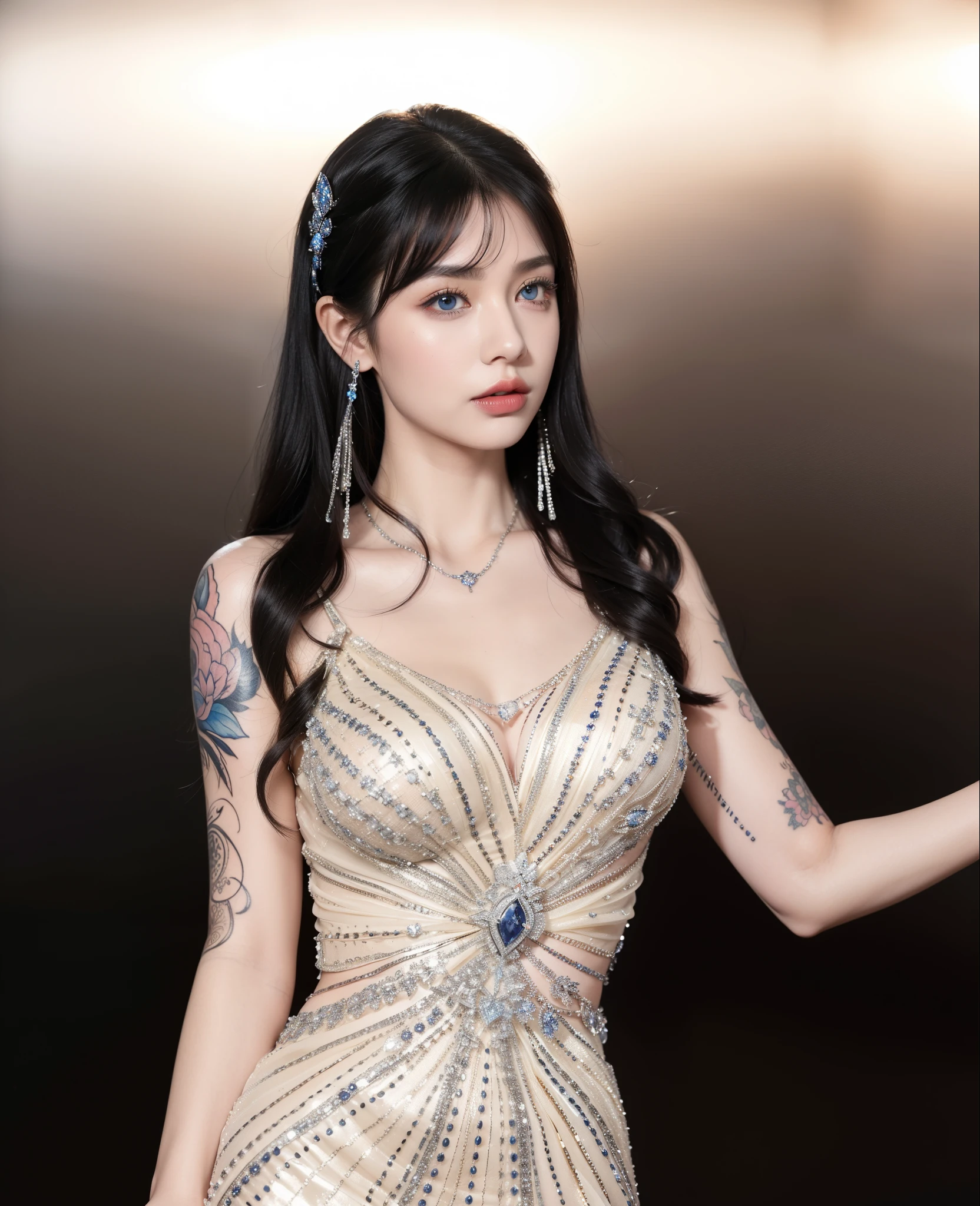 Super detailed, Delicate face, Realistic style, Stock Photography , rich and colorful, Surrealism, Realistic textures, Dramatic Lighting, Thin Film Distiller 800 (8K, original photo, Better quality, masterpiece: 1.2), Super detailed, (Extremely delicate skin: 1.2), 8K Ultra HD, SLR camera, Soft Light, high quality,Snow Queen,ice castle,Blue pupils,Apply red lipstick,Tattoo goddess,With tattoo pattern,Ultra-clear portrait,Wearing necklace jewelry,apply lipstick,Wear heavy makeup,The facial texture is very clear,Beautiful tattoos on the body,Deep blue eyes(Sapphire-like pupils),A crown of luxury,Diamond necklace,Tattoos are exposed,