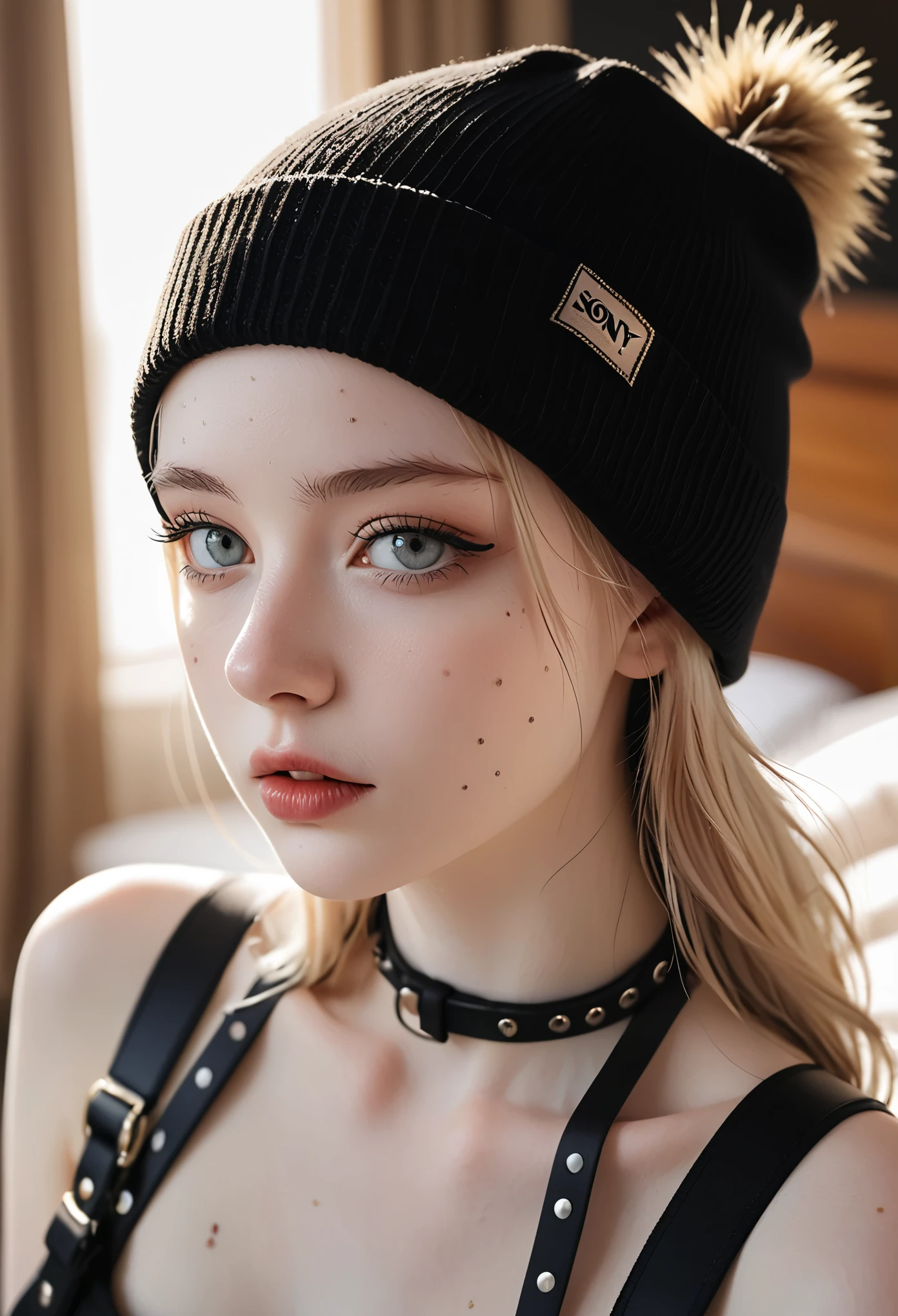 xxmixgirl,Thorough, analog style, eye focus, highest quality, (highly detailed skin), photo of a exquisitely beautiful pale skin punk Dutch girl, 21yo, (wearing harness, and beanie), perfect face, alluring eyes, [seductive makeup], skin pores, (piercing:0.5), indoor, messy bedroom, (bokeh:0.6), sharp focus, dappled lighting, (backlighting:0.7), film grain, photographed on a Sony A7R IV, 18mm F/1.7 cine lens, (highly detailed, intricately detailed), 8k, HDR, seductively posing, front view, (uppper body:0.9)