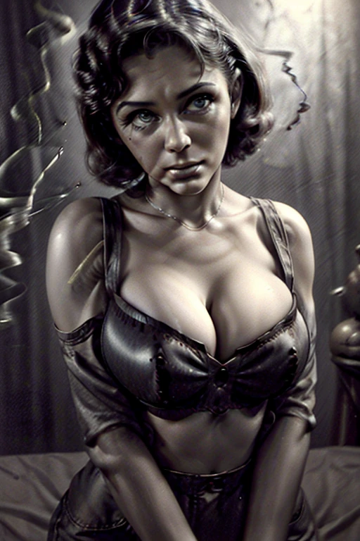hyperrealistic photo of an attractive woman, looking at viewer, circa 1950s, countrygirl, hillbilly, ((smoking cigarette)), (midriff), short hair, old vintage movie scene, grainy film, vintage film, (huge cleavage:1.6), bursting cleavage, busty, dim lighting, film grain, movie still, movie screenshot, farmhouse