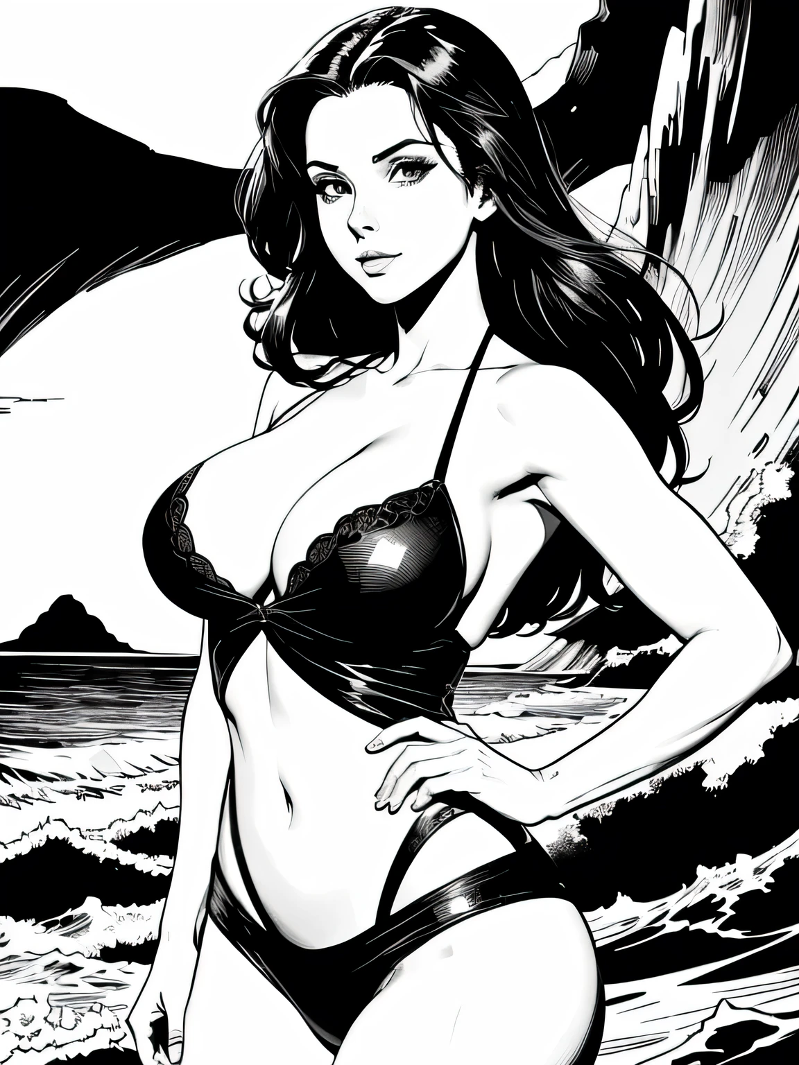 Tania Russoff, mulher linda loira sensual,seios grande, andando cima do mar corpo pelada,por do sol, bunda perfeita,corpo inteiro,sua arte em linha fina, Comic style, Bela arte de linha, black and white Comic style, manga style, sexy manga art style, pencil and ink caricature drawing, black and white coloring,arte vector preto e branco