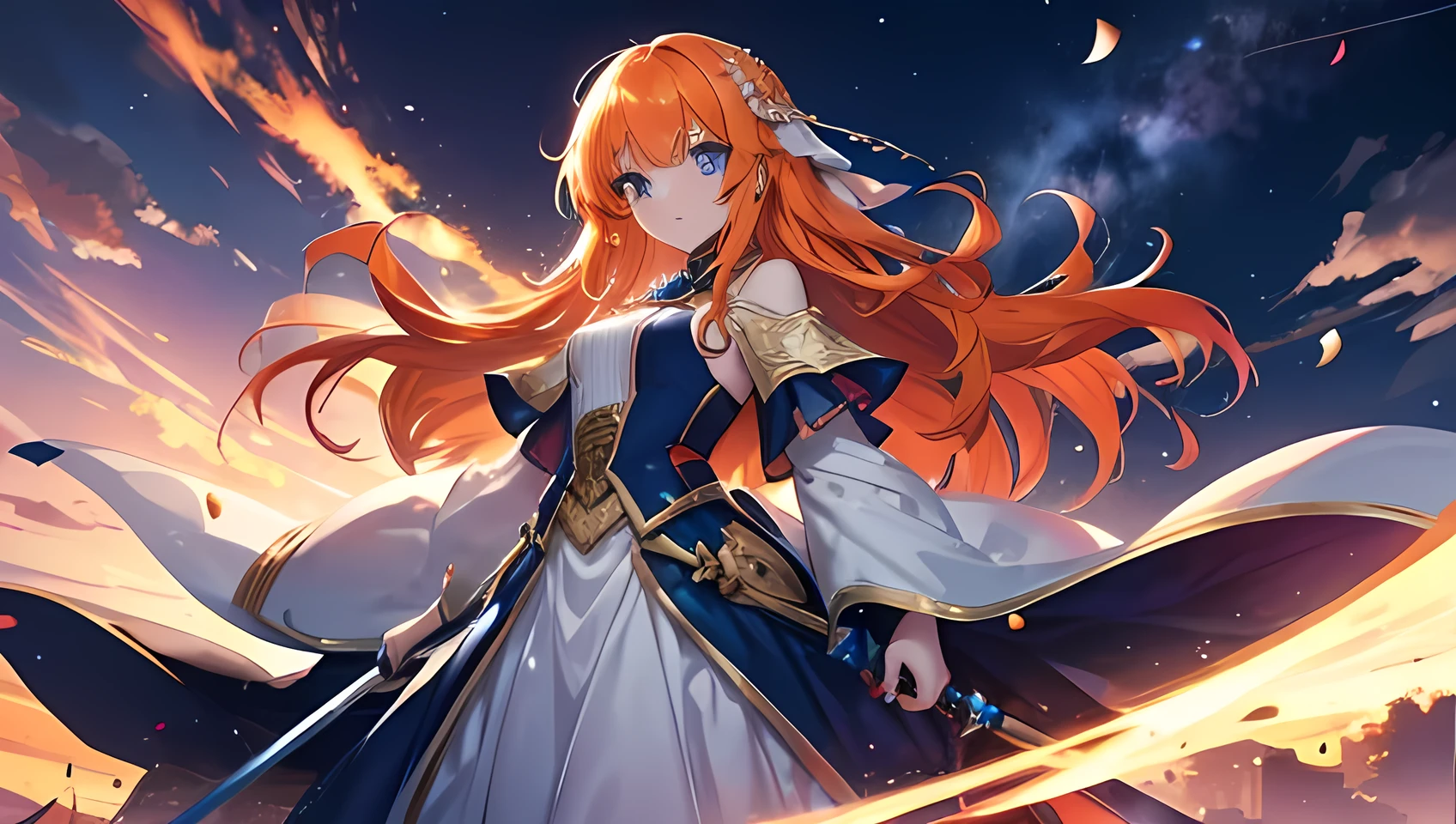 Young girl, orange long hair, blue eyes, like a princess, sword user