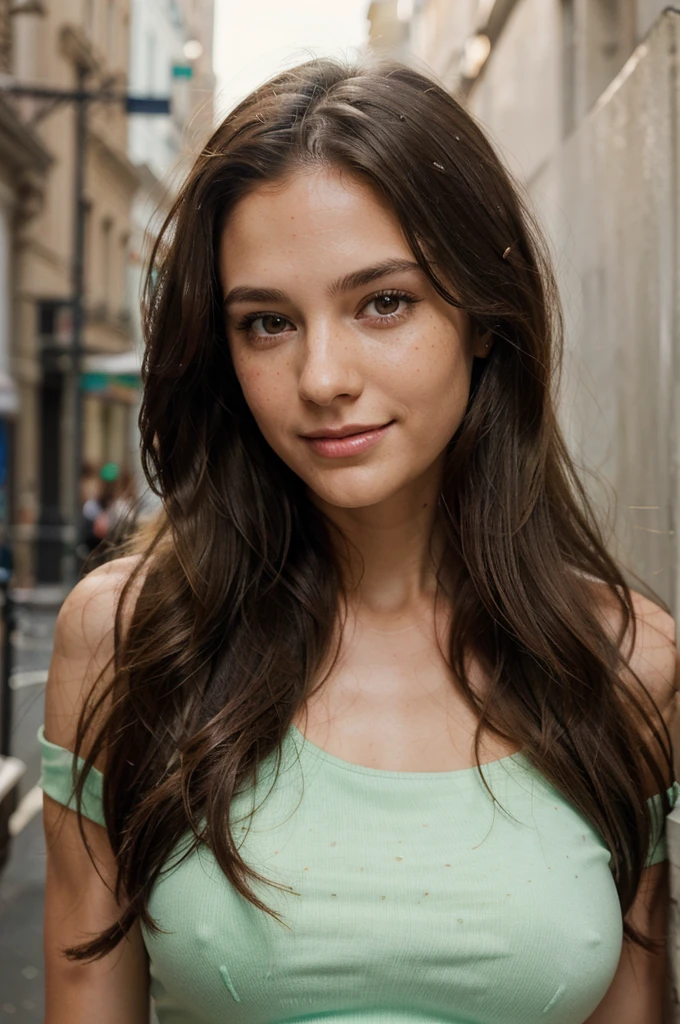 Draw a slender young woman with long, wavy dark brown hair flowing down to her shoulders. Her eyes are a bright light green, and her face is adorned with a radiant smile. Add a few freckles scattered across her face to give her a natural and authentic appearance. The woman has very light makeup. It's important to portray her as a big professional trader, as she works on Wall Street. Keep the background sharp and detailed to emphasize the work environment and add context to the scene