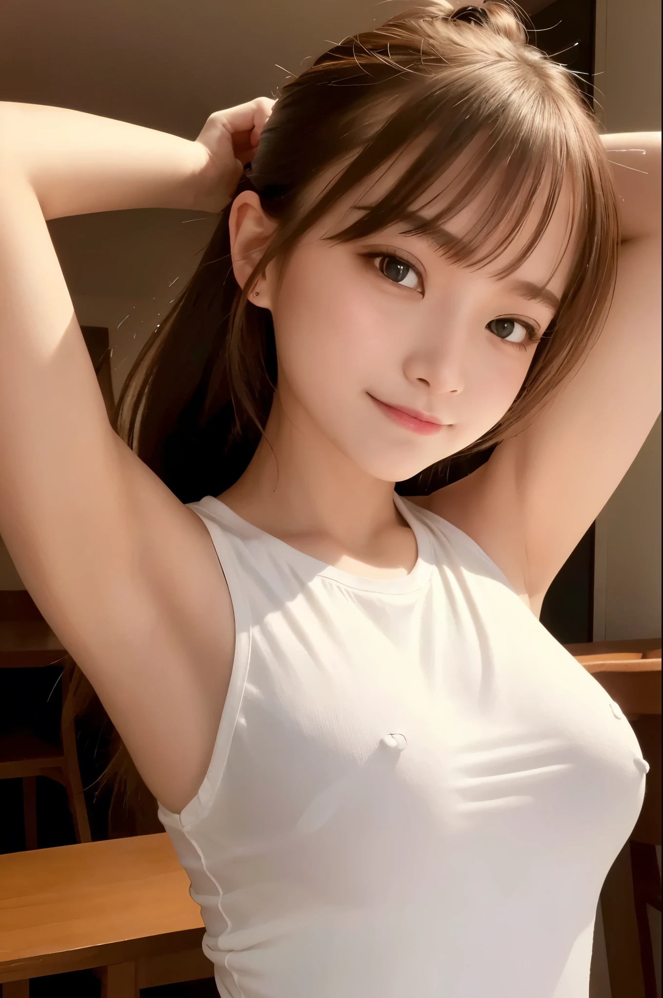 table top, highest quality, super detailed, finely, High resolution, 8k wallpaper, Perfect dynamic composition, 2 girls, beautiful face and fine eyes, little smile, pony taile, ((sweat)), hold flat breasts from back, arms up, natural hair, large size t-shirt,