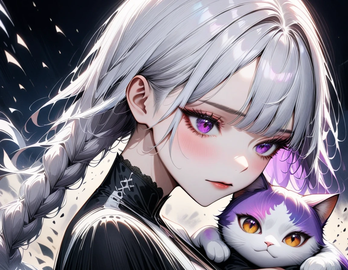 1girl, hug a rainbow cat, purple eyes, silver hair, gradient hair, twin braided hair, cryptic girl, 1hbgd1, cyber girl, yinji,1 girl, bang, long eyelashes, silver hair, gradient hair, twin braided hair, purple eyes, digital painting, ultra-detailed, 8k, high quality, intricate details, cinematic lighting, dramatic atmosphere, moody, elegant, graceful, masterpiece, best quality, very aesthetic, absurdres