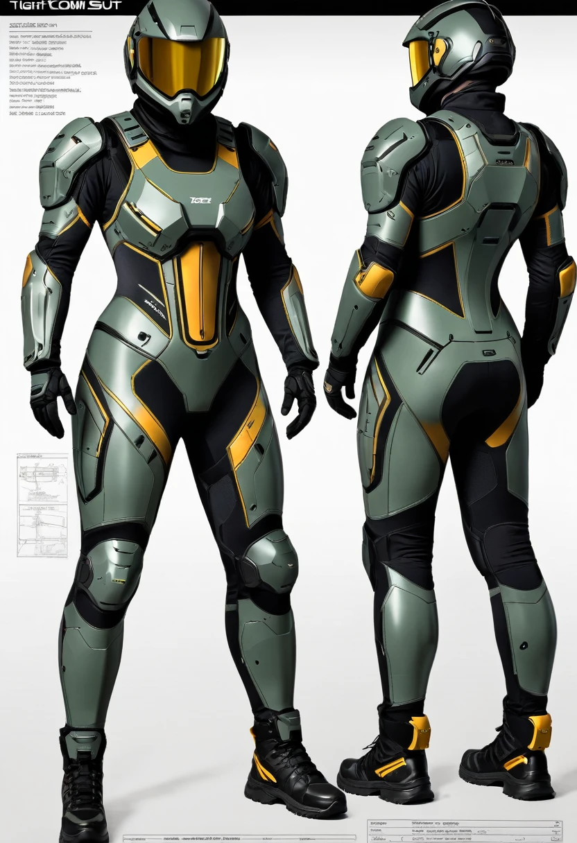data sheet, tight combat suit, detail technical drawing, technical sheet, different angles
