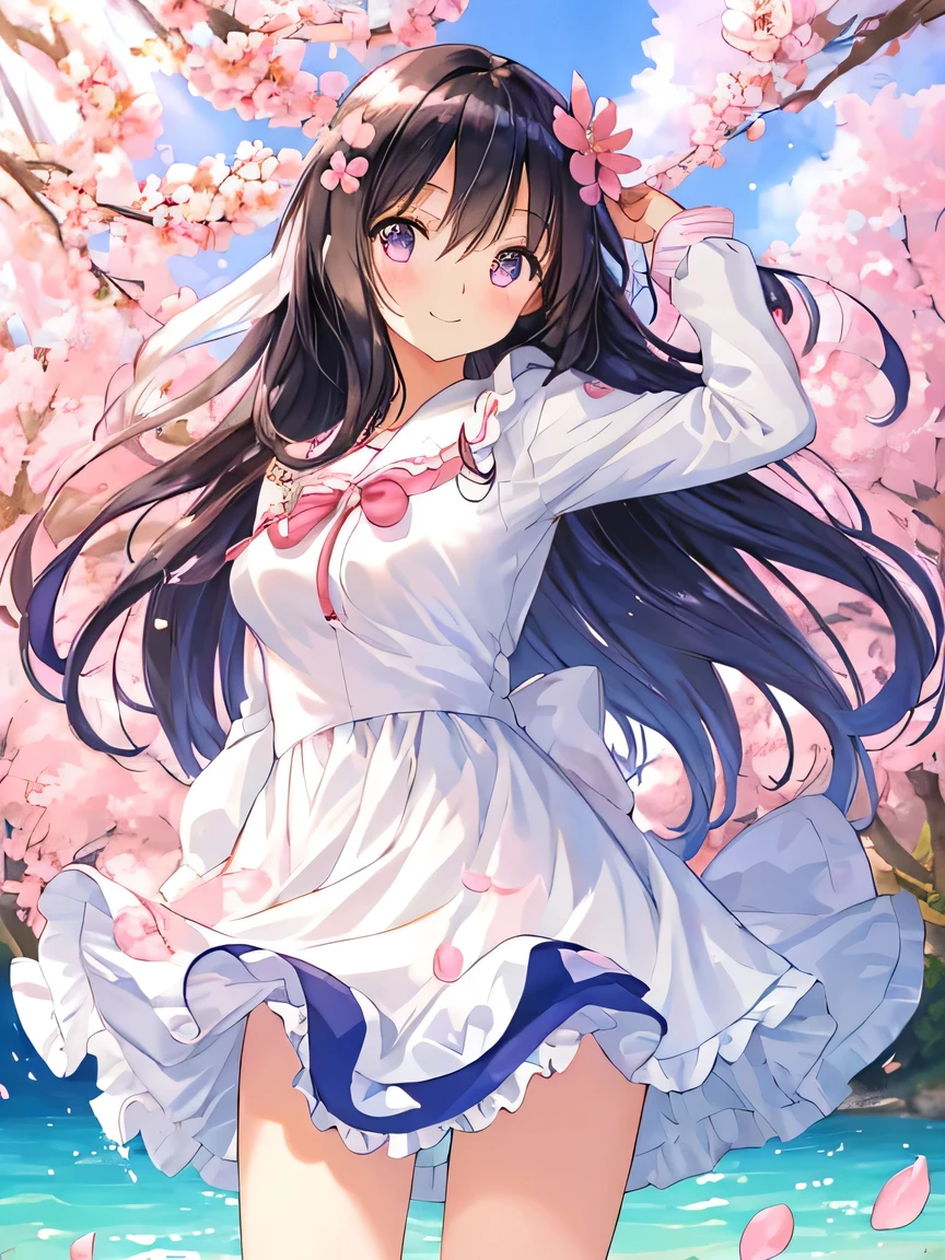 ((masterpiece)), ((best quality)), (ultra-detailed), ((kawaii)), cute, (lovely), illustration, anime style, a cute girl, solo, beautiful black hair, long hair, detailed hair, hair between eyes, (beautiful eyes), outdoors, wind blowing, hair ribbon, standing, smile, sakura petals, serene expression, sunlight, nature, vibrant colors, background scenery, high detail, dynamic pose, elegant, glossy hair, hair ornament, hair strands, subtle blush, realistic shading.