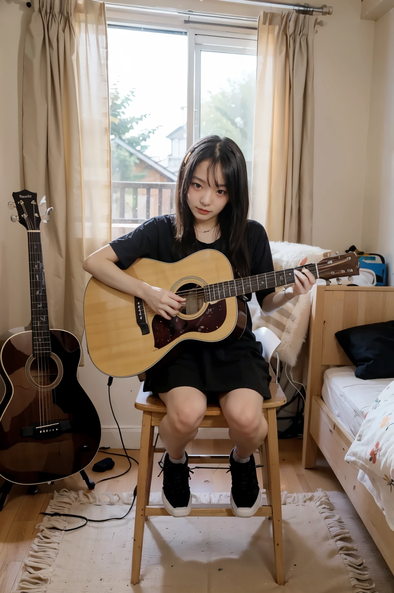 bocchi, 1girl, solo, in messy room, guitar,