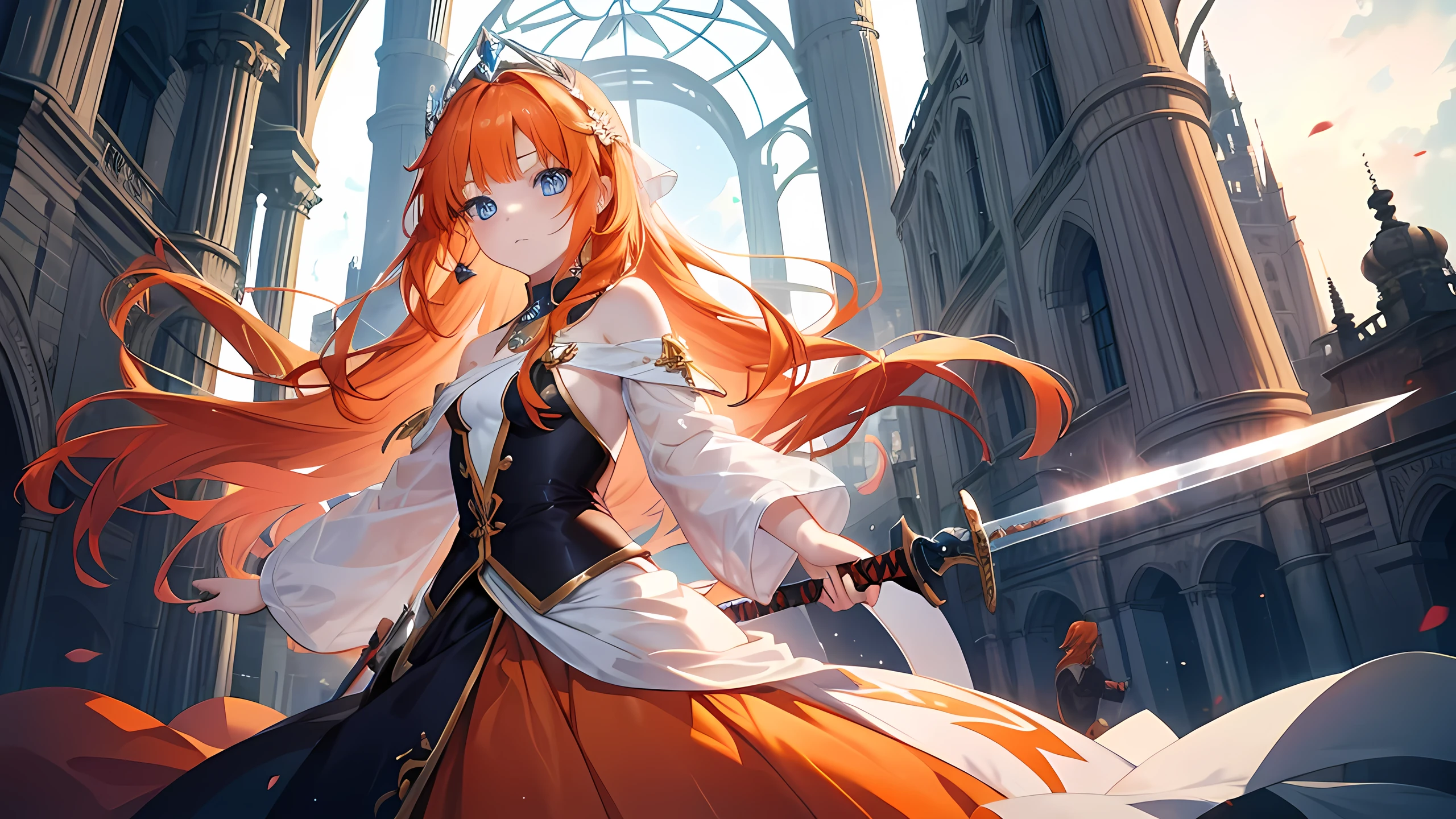 Orange hair, blue eyes, long hair, young girl, like a princess, with sword