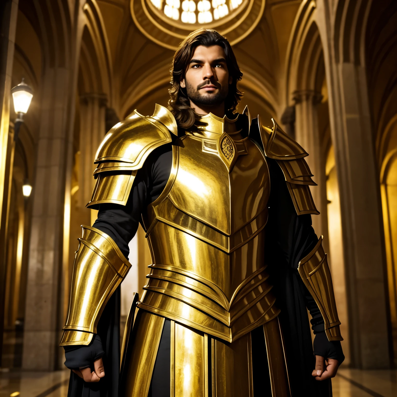 Make a tall man. Ele tem 1 metro e 80 cm. Seu cabelo e laranja. He is wearing golden armor. Ele esta usando uma esapada dourada. Ele esta em um Castelo.