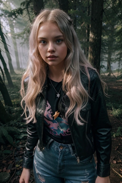 Alyvia Alyn Lind,Lexy Cross, Teen Wolf, s old, long, curly and messy blonde hair, green eyes, pink vest, military blouse with lightning bolt and heart print, black jeans, black combat boots. silver pendant, white wolf print. Forest background with fog aura around black color.