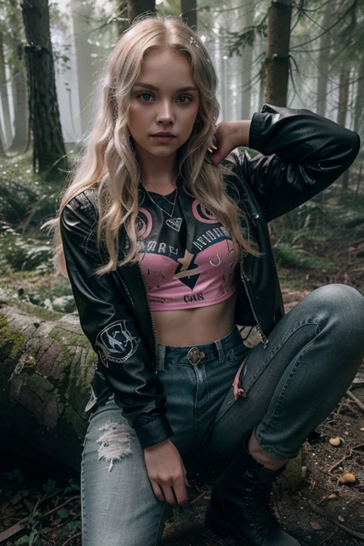 Alyvia Alyn Lind,Lexy Cross, Teen Wolf, 16 years old, long, curly and messy blonde hair, green eyes, pink vest, military blouse with lightning bolt and heart print, black jeans, black combat boots. silver pendant, white wolf print. Forest background with fog aura around black color.