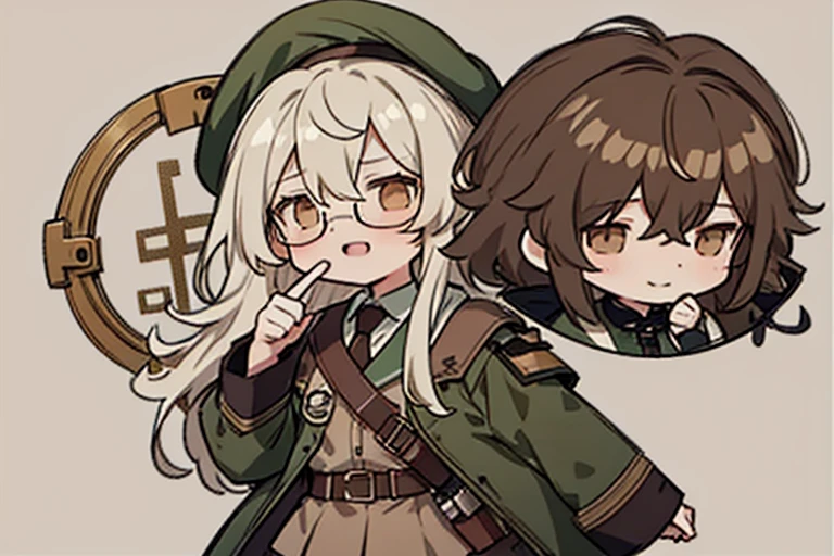 long ahoge,shirt,White hair,Brown eyes,circle-glasses,Brown tie,brown skirt,dark green beret,Dark green jacket,girl with,steampunkai,sleepeace,retro city background,jitome,hand to own mouth