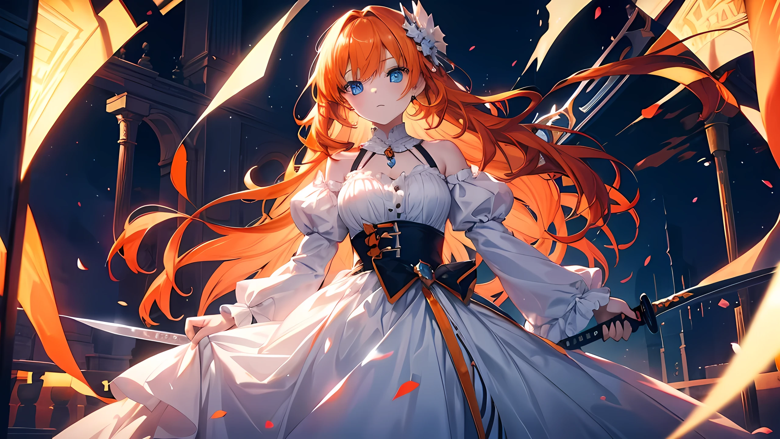 Orange hair, blue eyes, long hair, young girl, like a princess, with sword