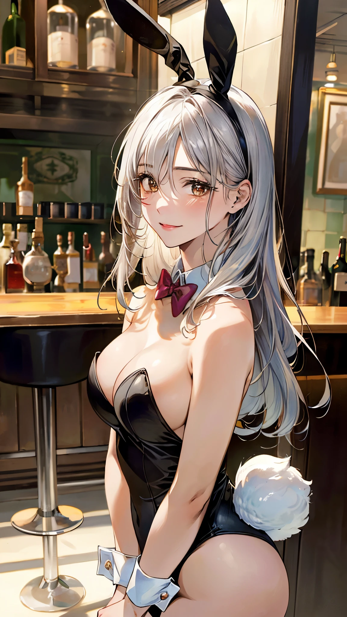 (masterpiece:1.3, top-quality, ultra high res, ultra detailed), (realistic, photorealistic:1.4), beautiful illustration, perfect lighting, natural lighting, colorful, depth of fields, ,
beautiful detailed hair, beautiful detailed face, beautiful detailed eyes, beautiful clavicle, beautiful body, beautiful chest, beautiful thigh, beautiful legs, beautiful fingers, shiny skin,
looking at viewer, upper body, (front view), 1 girl, , (perfect anatomy, anatomically correct, super detailed skin), cute and symmetrical face, babyface, perfect face, perfect eyes,
(long hair, straight hair, white hair), hair between eyes, yellow eyes, long eyelashes, (medium breasts, wide hips, seductive thighs),
white playboy bunny girl, high-cut leotards, pink bow tie, white cuffs, white rabbit ears, the tail of a rabbit grows out of the ass, have a tray of liquor, bottomless,
(beautiful scenery), day time, (bar counter, shop front:1.4), (lovely smile, upper eyes),