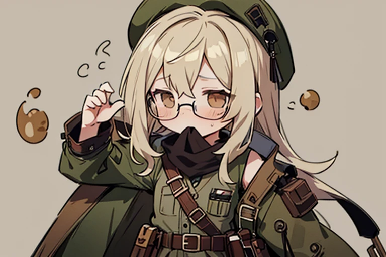 long ahoge,shirt,White hair,Brown eyes,circle-glasses,Brown tie,brown skirt,dark green beret,Dark green jacket,girl with,steampunkai,sleepeace,retro city background,jitome,hand to own mouth