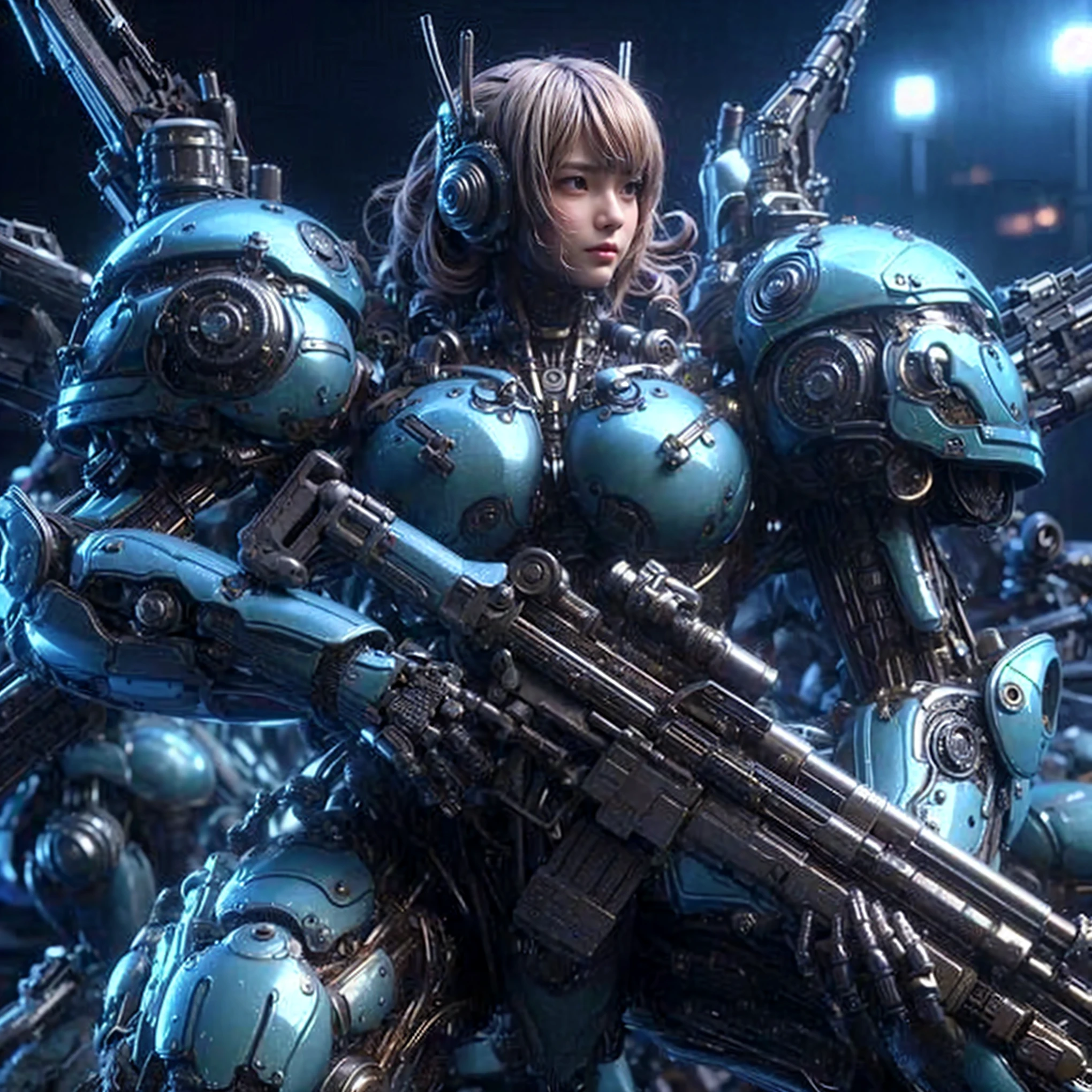 (Very intricate details)、(Extremely realistic texture) 、gloss々Texture、Squid-like raw material designed by Hajime Katoki々New Bio Insect Armor、1 person、Beautiful female soldier、Heavy Armor、Firearms、Backpack Weapons、Ultra-realistic、Full Body Shot、Night view of the bayside industrial area、Cinematic lighting