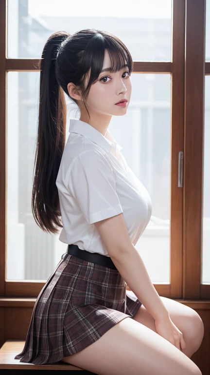 8K、Detailed Description、Very high definition、Realistic、reality的、Real、live-action、reality、High resolution、Nogizaka46、japanese idol,beautiful girl、21 years old、Angle from left side、profile、Mouth closed、ponytail、Knee-up-top angle of view、School、Window、Short sleeve shirt、Beige plaid skirt、Very black hair、pretty girl、Beauty、Glowing Skin、Glowing Skin、Shiny Hair、Very white skin、Heavy makeup、Large Breasts、Slit eyes、Big Eyes、Double eyelids、Don't show your teeth、smile、Side view angle、Only the eyes look at me