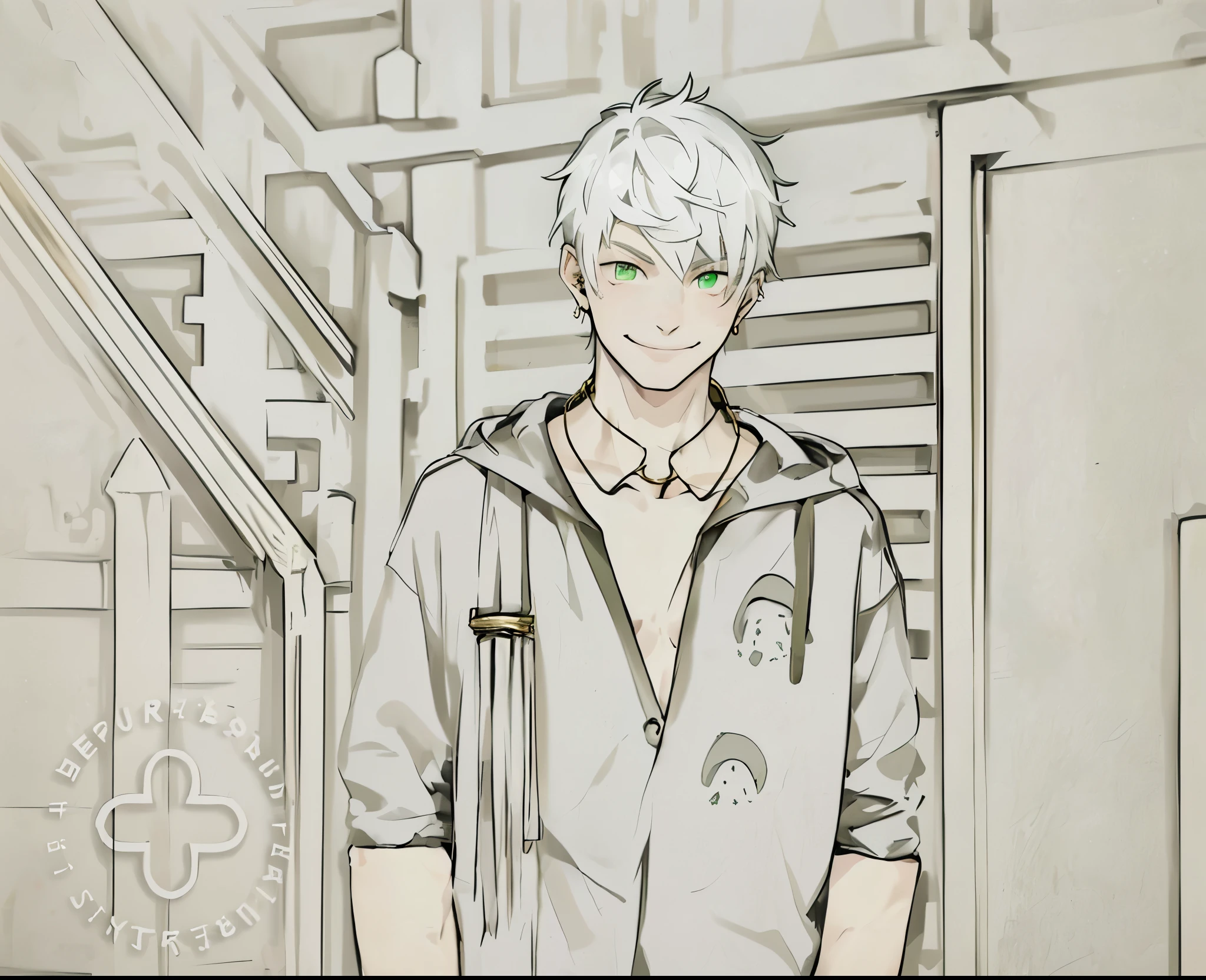 mischievous smile mischievous white hair green eyes he is a  man bracelets and gold jewelry