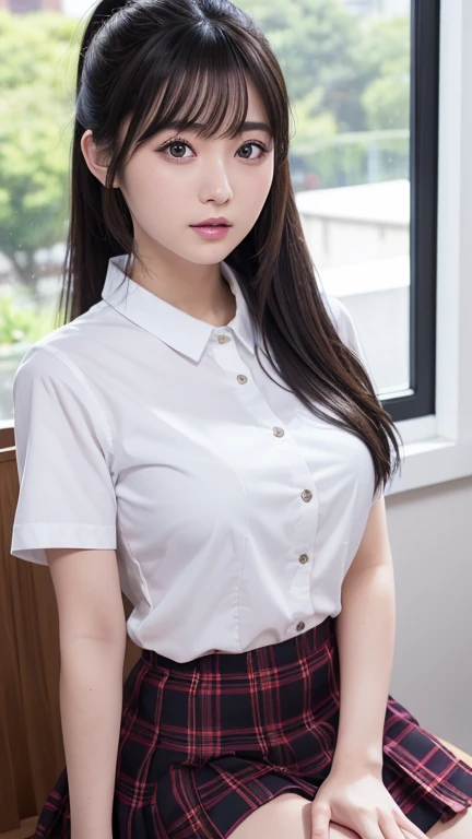 8K、Detailed Description、Very high definition、Realistic、reality的、Real、live-action、reality、High resolution、Nogizaka46、japanese idol,beautiful girl、21 years old、Angle from left side、profile、Mouth closed、ponytail、Knee-up-top angle of view、School、Window、Short sleeve shirt、Beige plaid skirt、Very black hair、pretty girl、Beauty、Glowing Skin、Glowing Skin、Shiny Hair、Very white skin、Heavy makeup、Large Breasts、Slit eyes、Big Eyes、Double eyelids、Don't show your teeth、smile、Side view angle、Only the eyes look at me