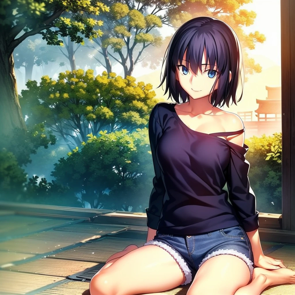 CG, Unity, 8k, wallpaper, highest quality,sunlight、Perfect lighting、 masterpiece, haruka amami, (smile: 1.2), 1. High school girl、Black Hair、Curly Hair、blue eyes、Thick lips、Black T-shirt、Off the shoulder、 BREAK Denim Shorts, barefoot, Thighs, Best lighting, Complex pupil, Intricate weaving, Detailed Background, Japanese countryside, night、Starry Sky🌌、