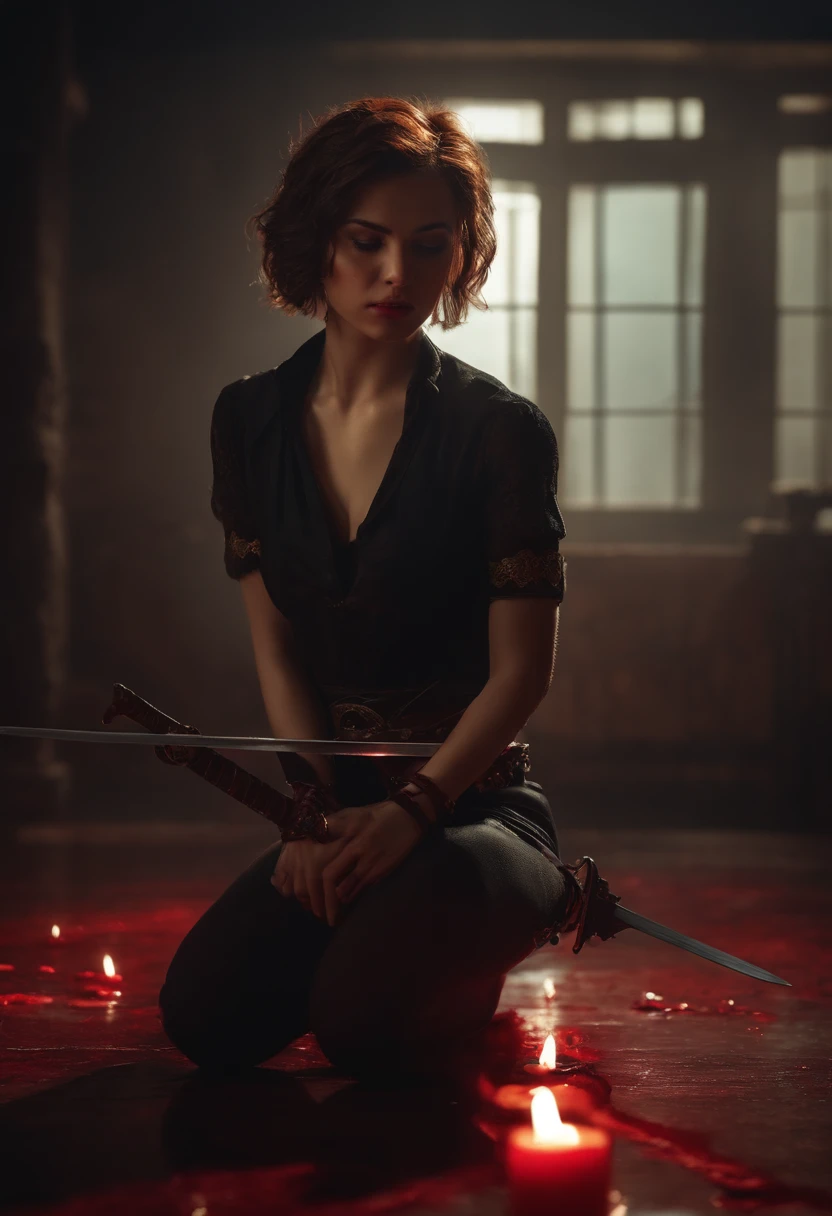 a girl ,short hair, 2 swords on her back , siting on the floor ,on her knees , angry and sad , dim light in room ,blood on the floor