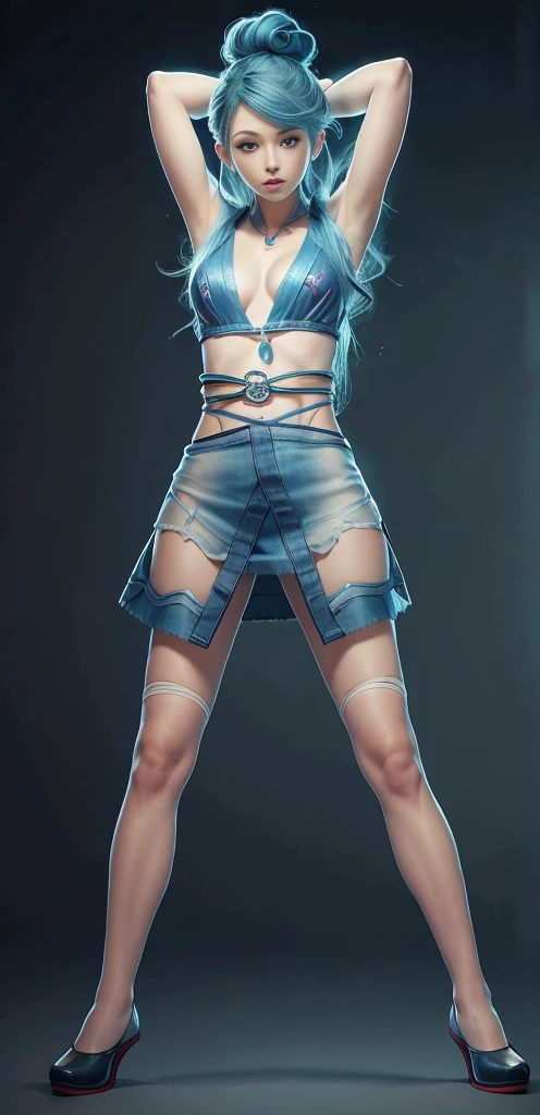 Blue Hair Surrealism, Character table, Reference Table, Standing painting, 8k, Super Detail, 1080P, Women HD, 4K, 8k, 16k, high resolution, best quality, high quality, Anatomically correct, masterpiece, precise, Ultra HD，grace，Unreal Engine，Delicate face，Long braids，slim，Long legs，miniskirt