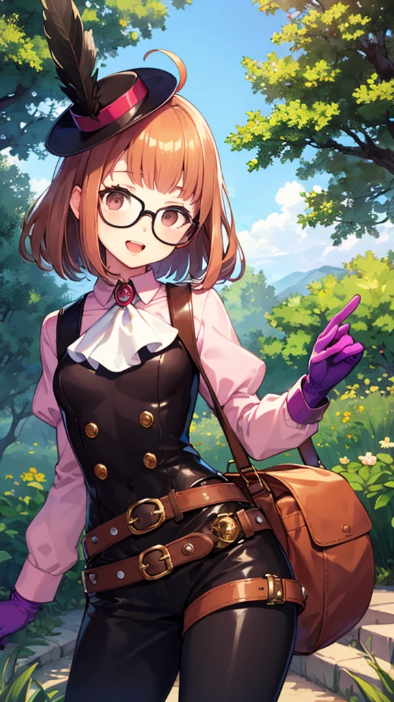 masterpiece, best quality, highres, dsnoir, brown hair, short hair, brown eyes, pink shirt, ascot, skirt, vest, hat, hat feather, pantyhose, bandolier, purple gloves, futabasakura, blunt bangs, glasses, black-framed eyewear, ahoge, small breasts, bodysuit, black bodysuit, gloves, gloves with green fingertips, green boots, goggles, goggles on head, belt, happy, open mouth, cowboy shot, outdoors, forest