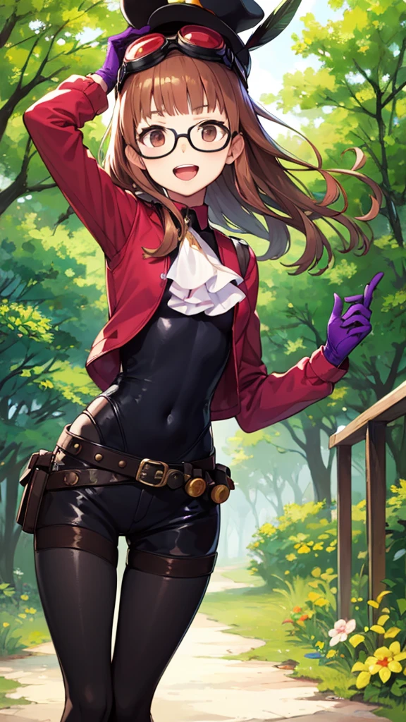 masterpiece, best quality, highres, dsnoir, brown hair, short hair, brown eyes, pink shirt, ascot, skirt, vest, hat, hat feather, pantyhose, bandolier, purple gloves, futabasakura, blunt bangs, glasses, black-framed eyewear, ahoge, small breasts, bodysuit, black bodysuit, gloves, gloves with green fingertips, green boots, goggles, goggles on head, belt, happy, open mouth, cowboy shot, outdoors, forest